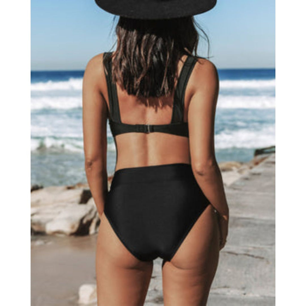 Wrap V Neck High Waist Plain Bikini Set