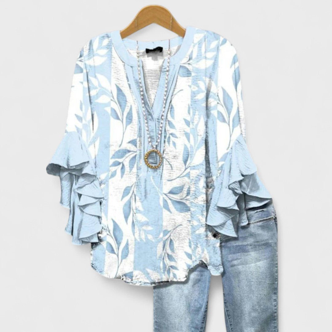 Floral Print Tiered Ruffle Sleeve Notch Neck Casual Blouse