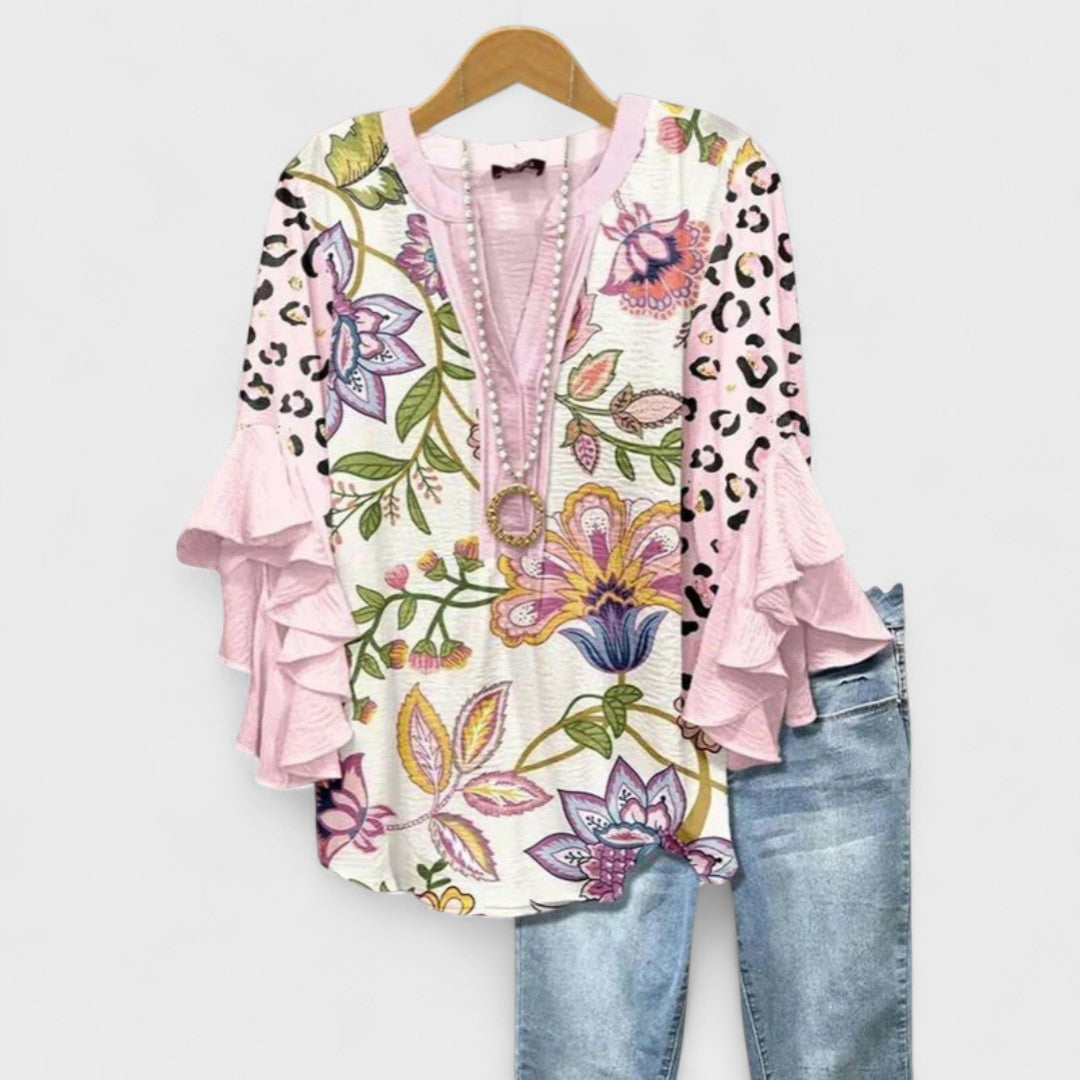 Floral Print Tiered Ruffle Sleeve Notch Neck Casual Blouse