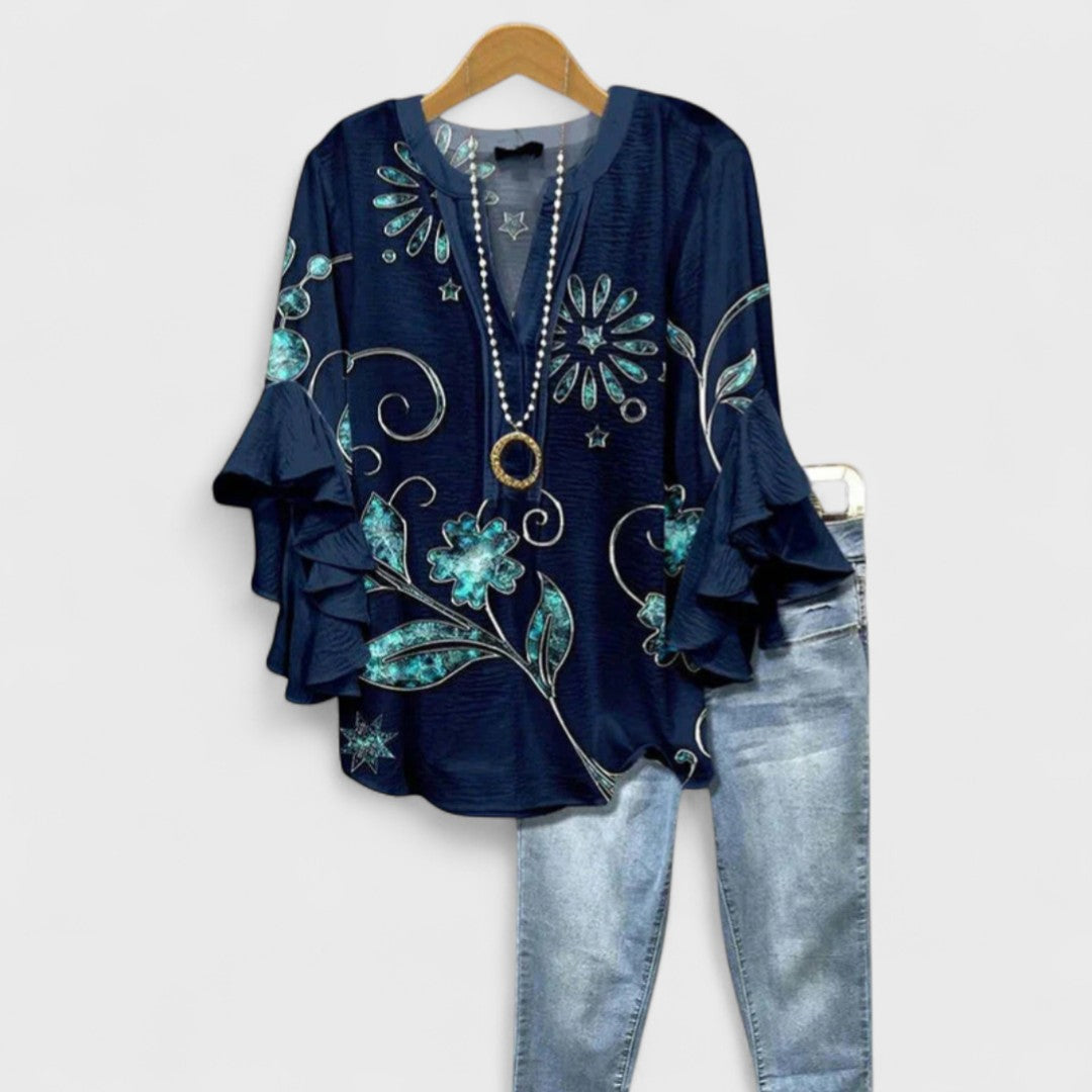 Floral Print Tiered Ruffle Sleeve Notch Neck Casual Blouse