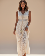Crochet Lace Tassel V-Neck Sleeveless Boho Maxi Dress