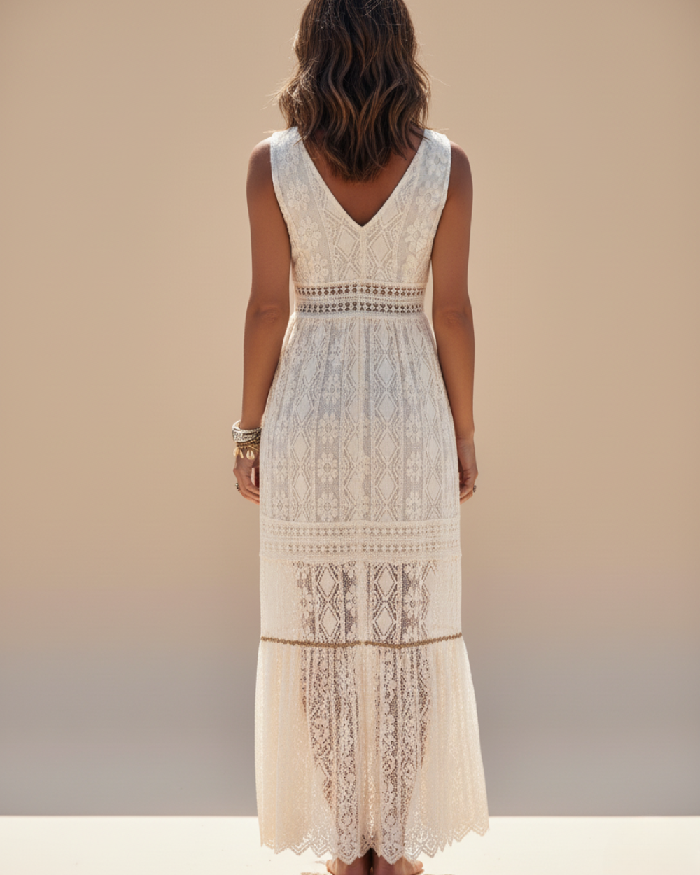 Crochet Lace Tassel V-Neck Sleeveless Boho Maxi Dress