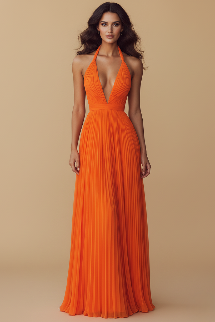 Pleated Halter Deep V-Neck Maxi Dress - Wedding Guest