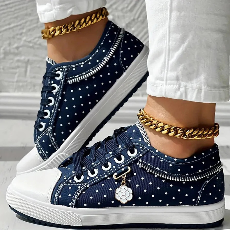 Floral Embroidered Mesh Panel Zip Charm Lace Up Platform Sneaker