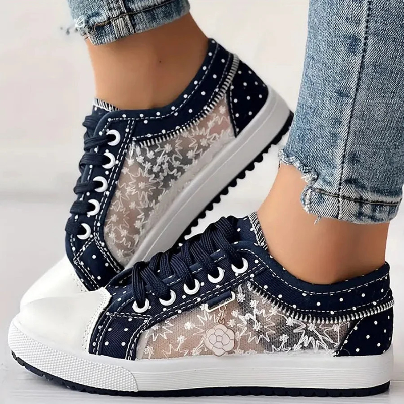 Floral Embroidered Mesh Panel Zip Charm Lace Up Platform Sneaker