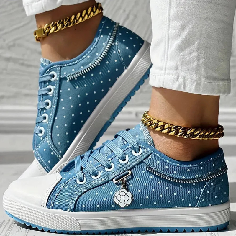 Floral Embroidered Mesh Panel Zip Charm Lace Up Platform Sneaker