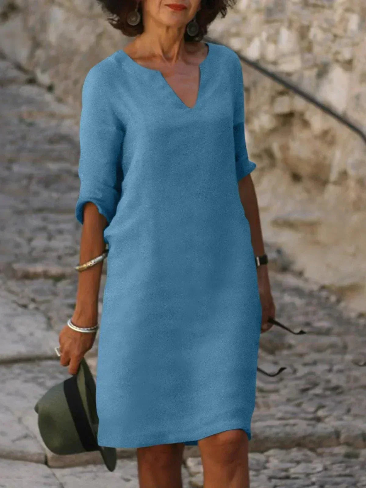 Three Quarter Sleeve V Neck Relaxed Linen Midi Dress
