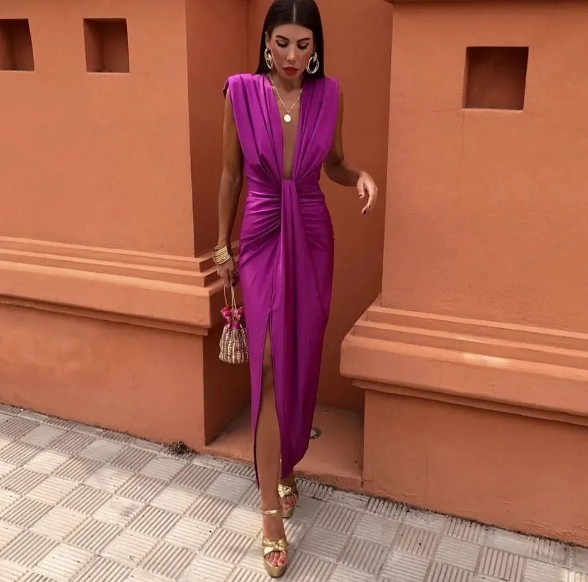 Draped Plunge Neck Twist Knot Waist Sleeveless Maxi Dress - Formal Evening Gown