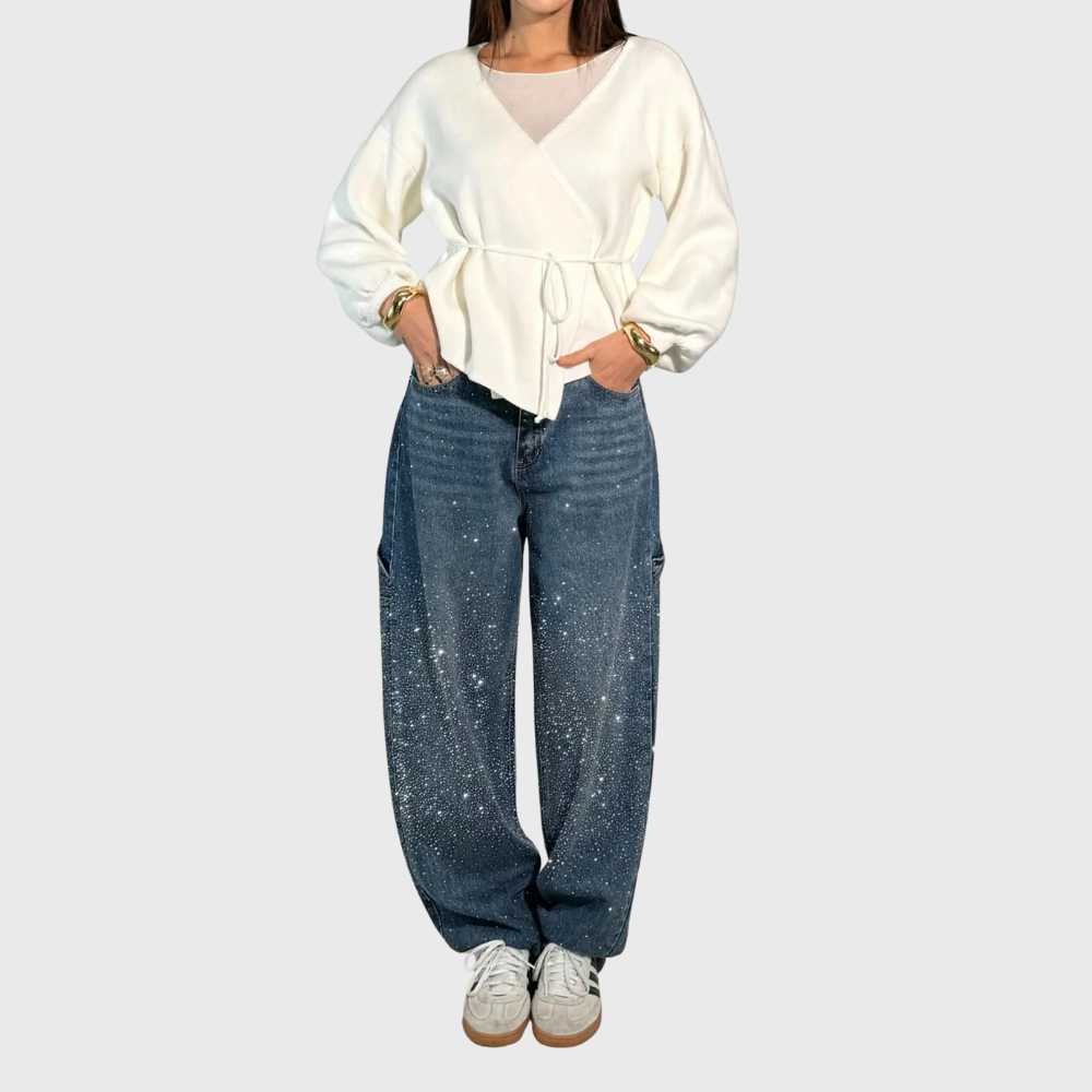Rhinestone Scatter Cargo Pocket Baggy Wide Leg Jean
