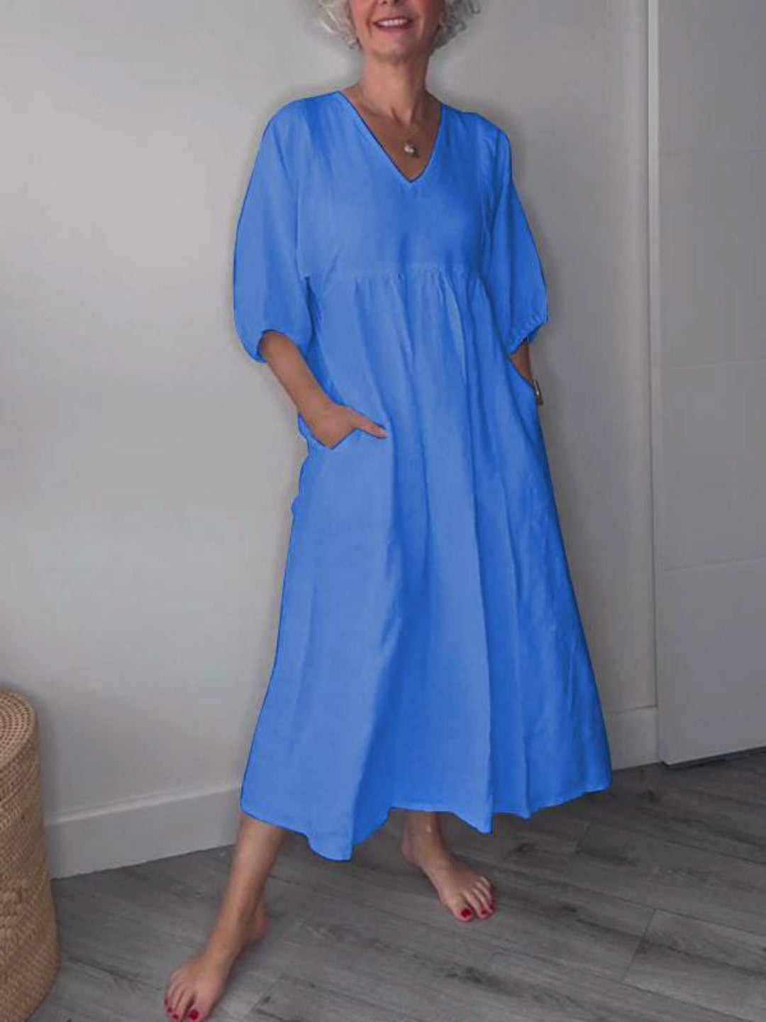 V Neck Puff Sleeve Pocket Relaxed Linen Maxi Dress