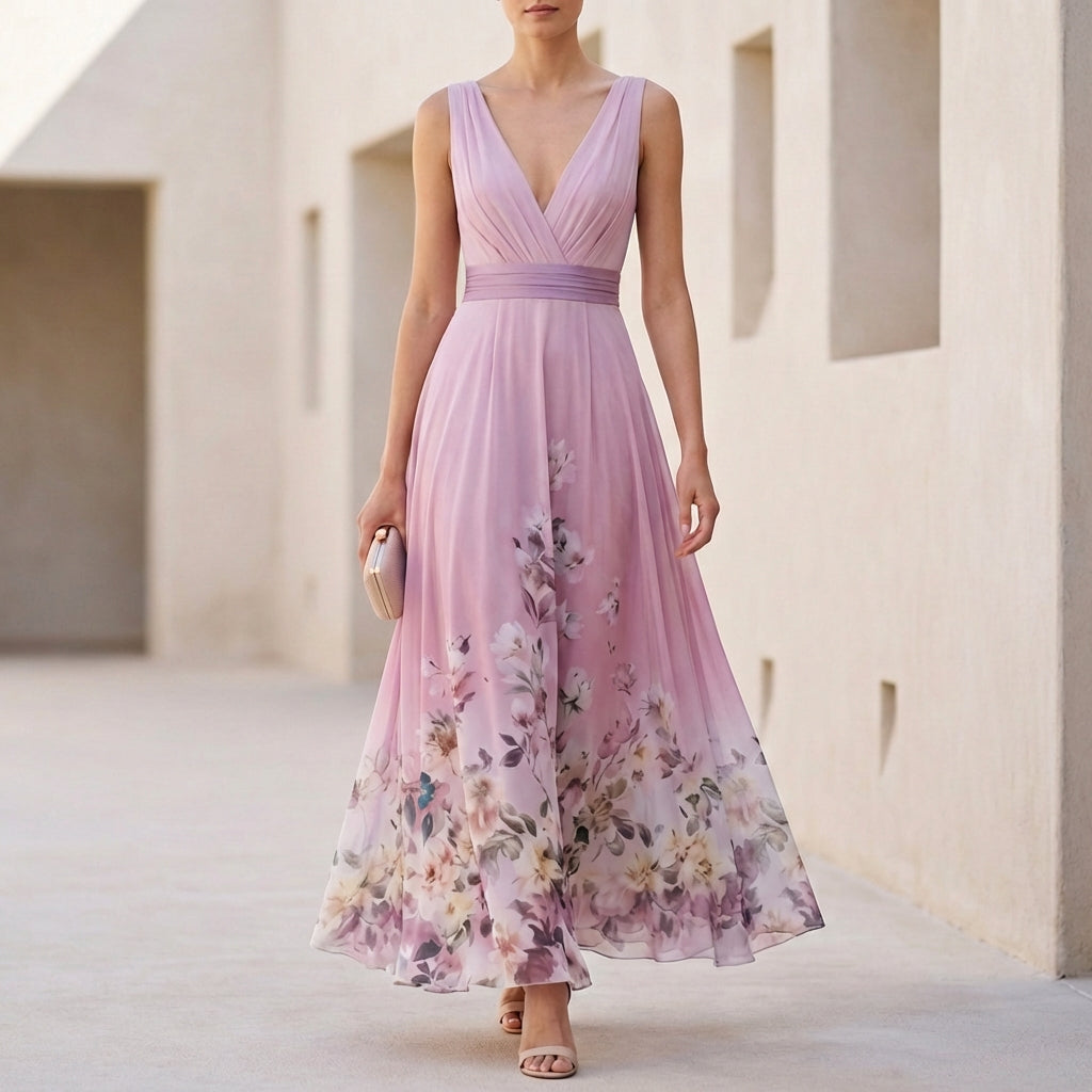 Floral Border Print Ruched V-Neck Chiffon Maxi Dress - Wedding Guest