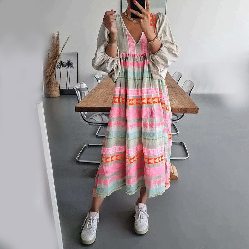 Geometric Print Boho V-Neck Flowy Casual Maxi Dress