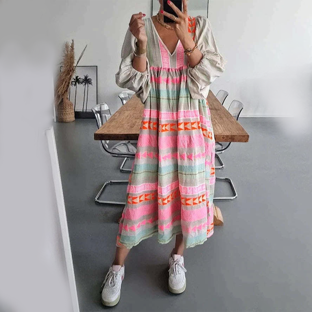 Geometric Print Boho V-Neck Flowy Casual Maxi Dress