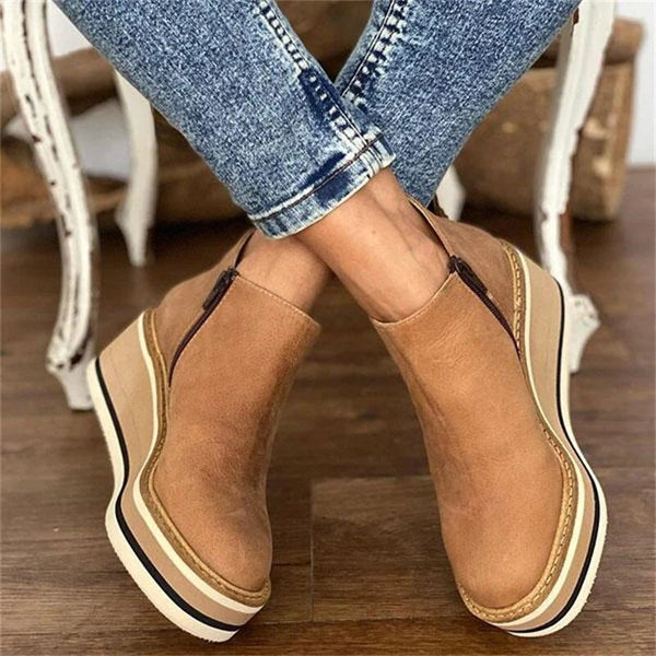 Side Zip Suede Striped Platform Wedge Boot
