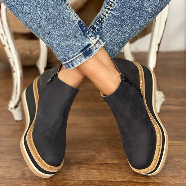 Side Zip Suede Striped Platform Wedge Boot