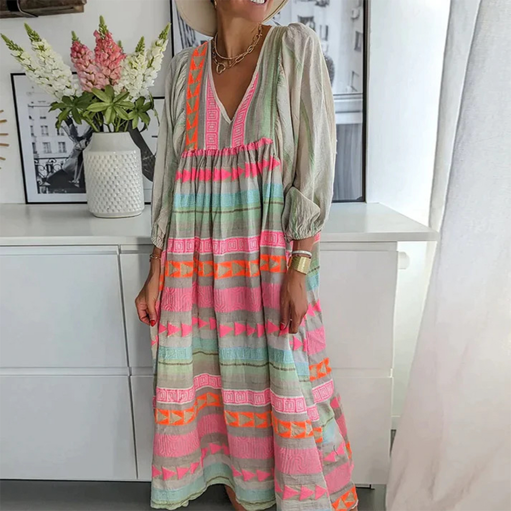 Geometric Print Boho V-Neck Flowy Casual Maxi Dress