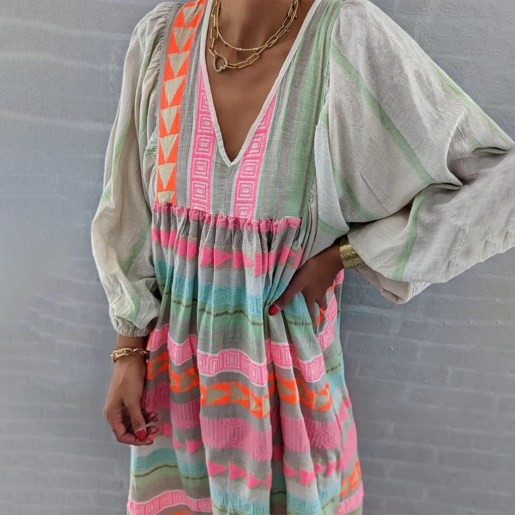 Geometric Print Boho V-Neck Flowy Casual Maxi Dress