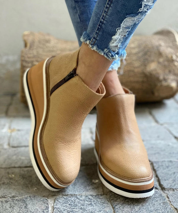 Side Zip Suede Striped Platform Wedge Boot