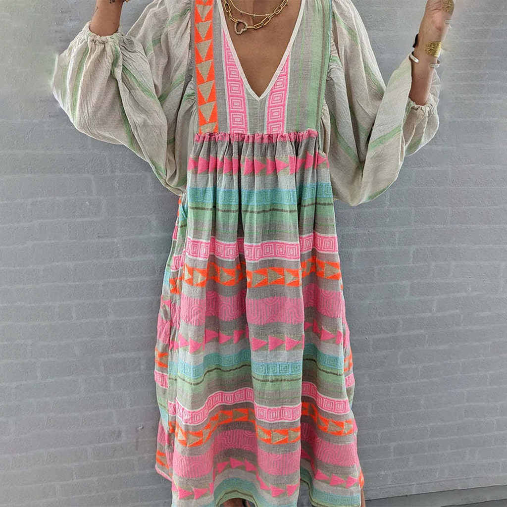 Geometric Print Boho V-Neck Flowy Casual Maxi Dress
