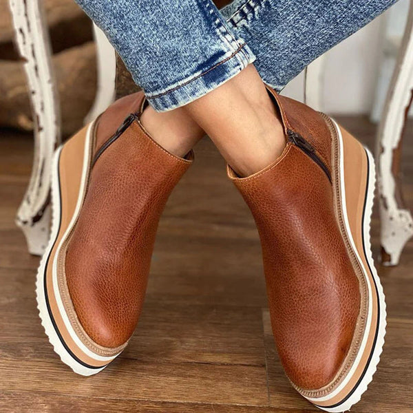 Side Zip Suede Striped Platform Wedge Boot