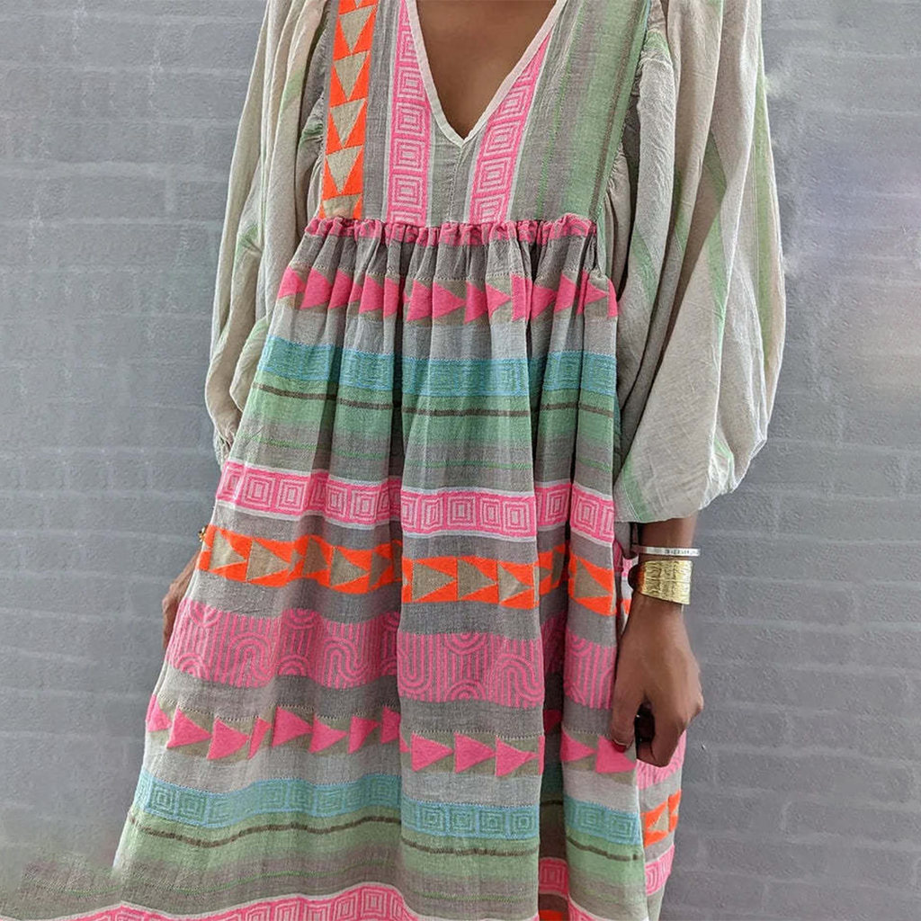 Geometric Print Boho V-Neck Flowy Casual Maxi Dress