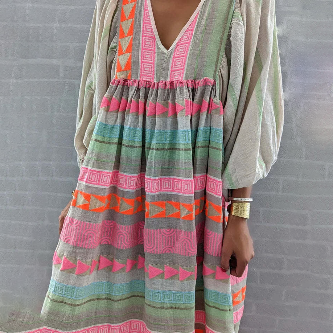 Geometric Print Boho V-Neck Flowy Casual Maxi Dress