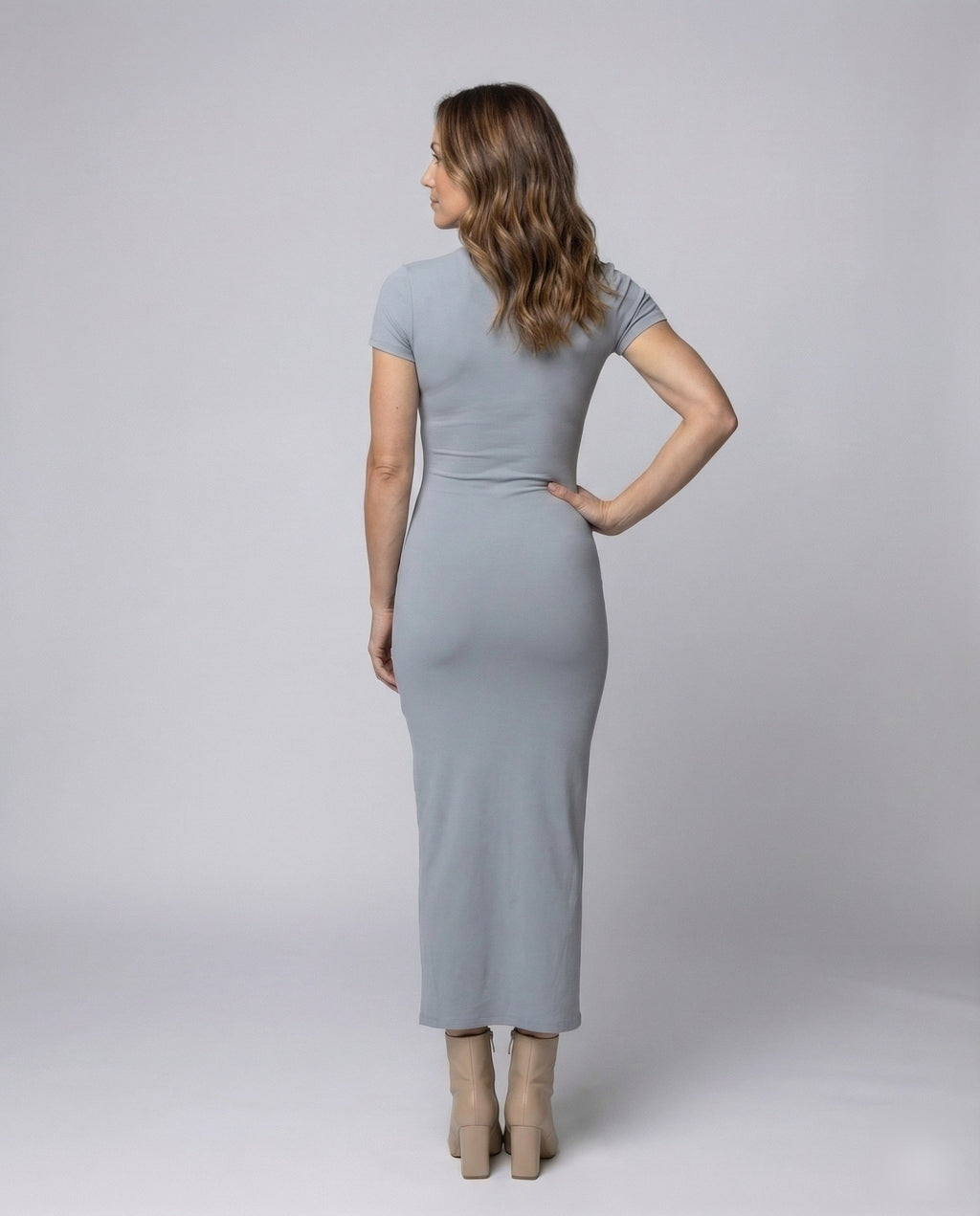 Crew Neck Short Sleeve Fitted Bodycon Maxi Dress