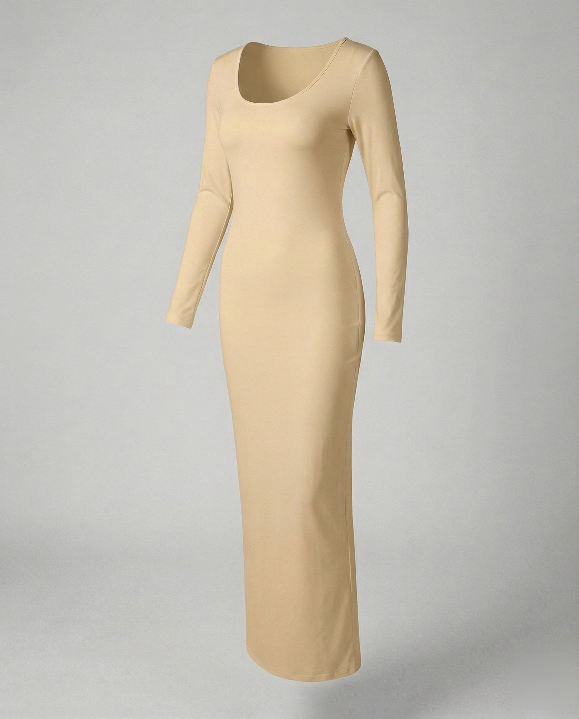 Scoop Neck Long Sleeve Fitted Bodycon Jersey Maxi Dress