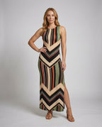 Chevron Stripe Crew Neck Sleeveless Side Split Fitted Maxi Dress