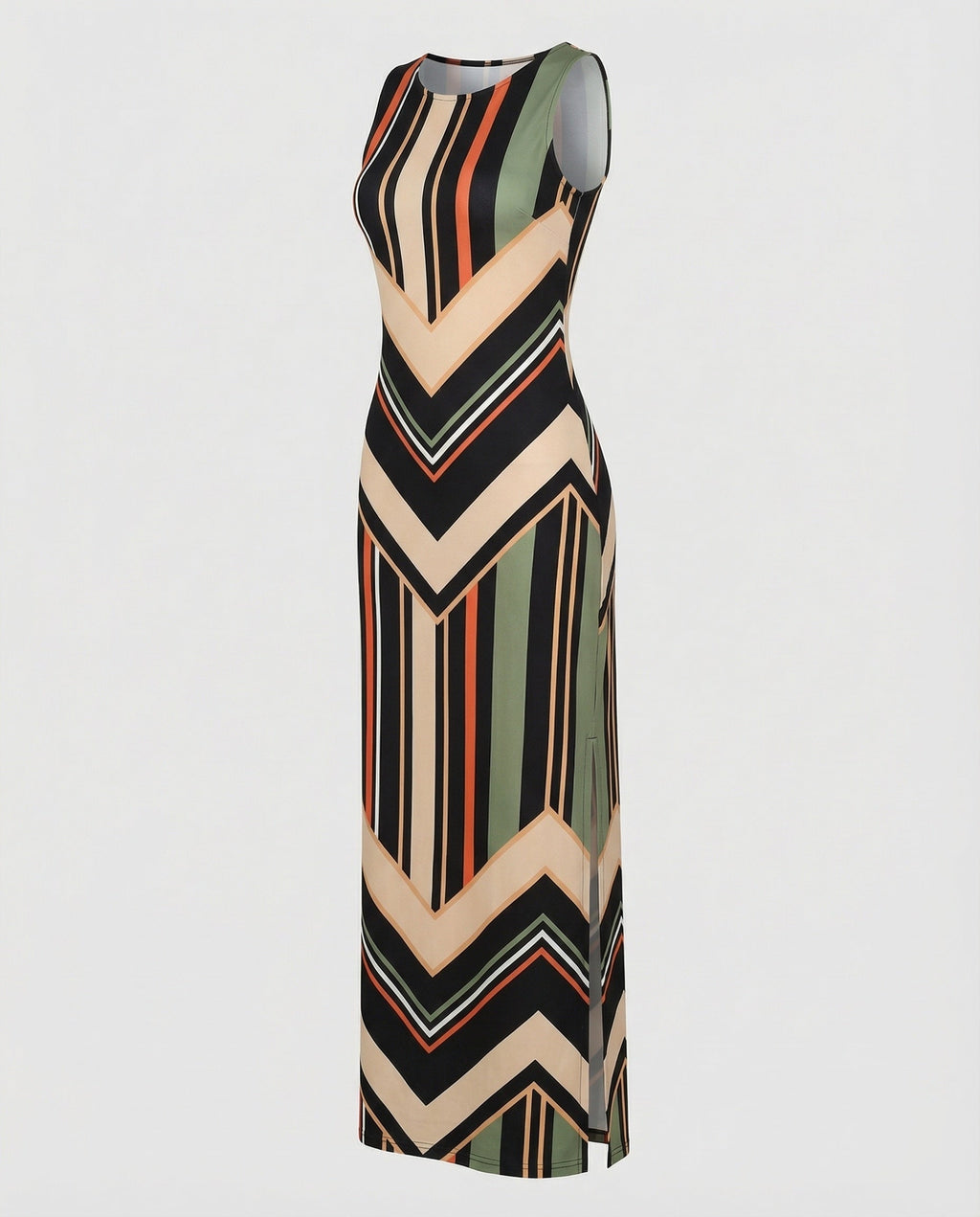 Chevron Stripe Crew Neck Sleeveless Side Split Fitted Maxi Dress
