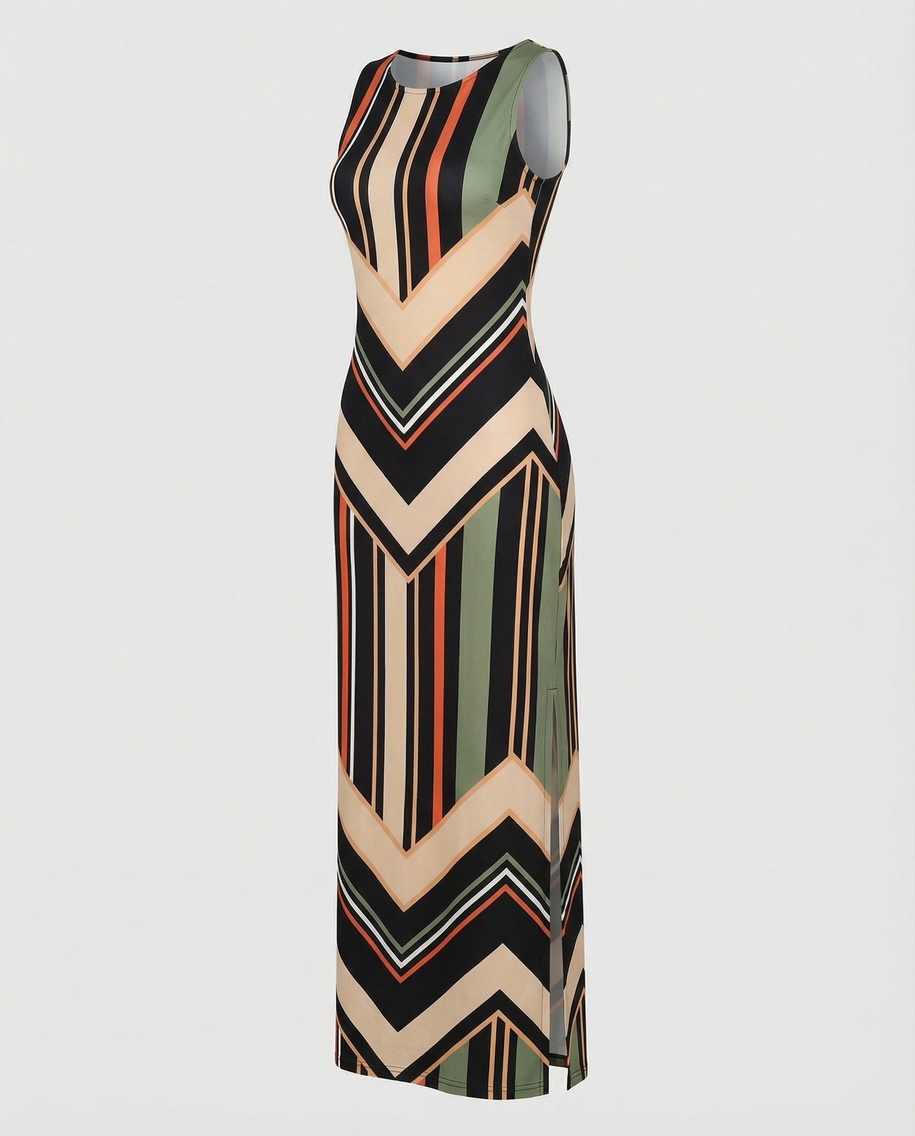 Chevron Stripe Crew Neck Sleeveless Side Split Fitted Maxi Dress