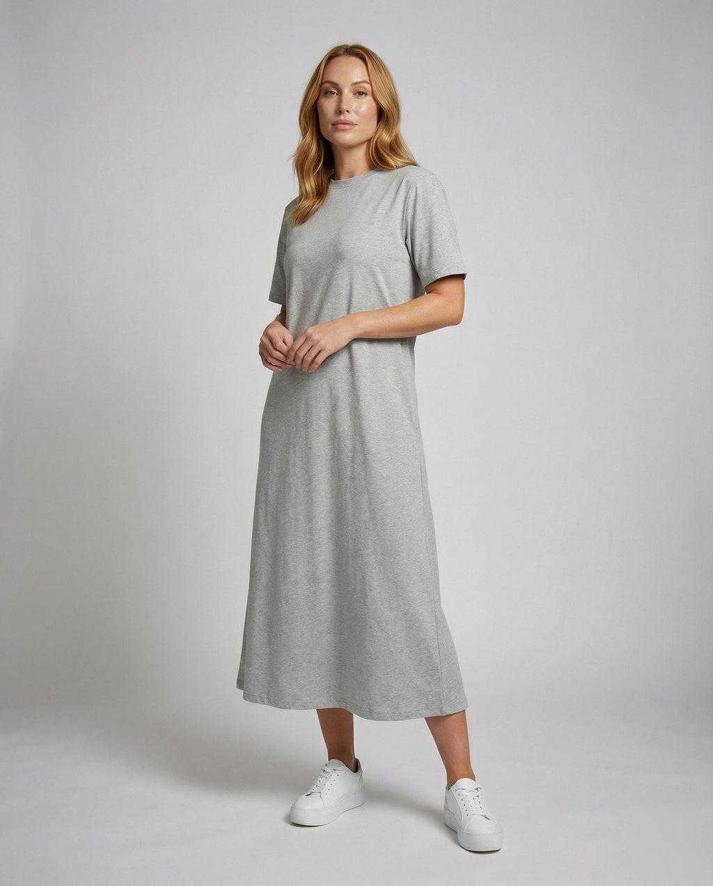 Mock Neck Short Sleeve Side Split Oversized Cotton Maxi Dress