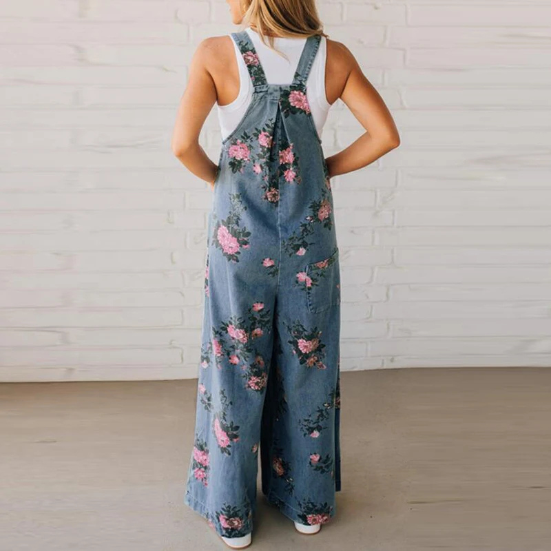 Floral Print Wide Leg Dungaree Casual Denim Jumpsuit