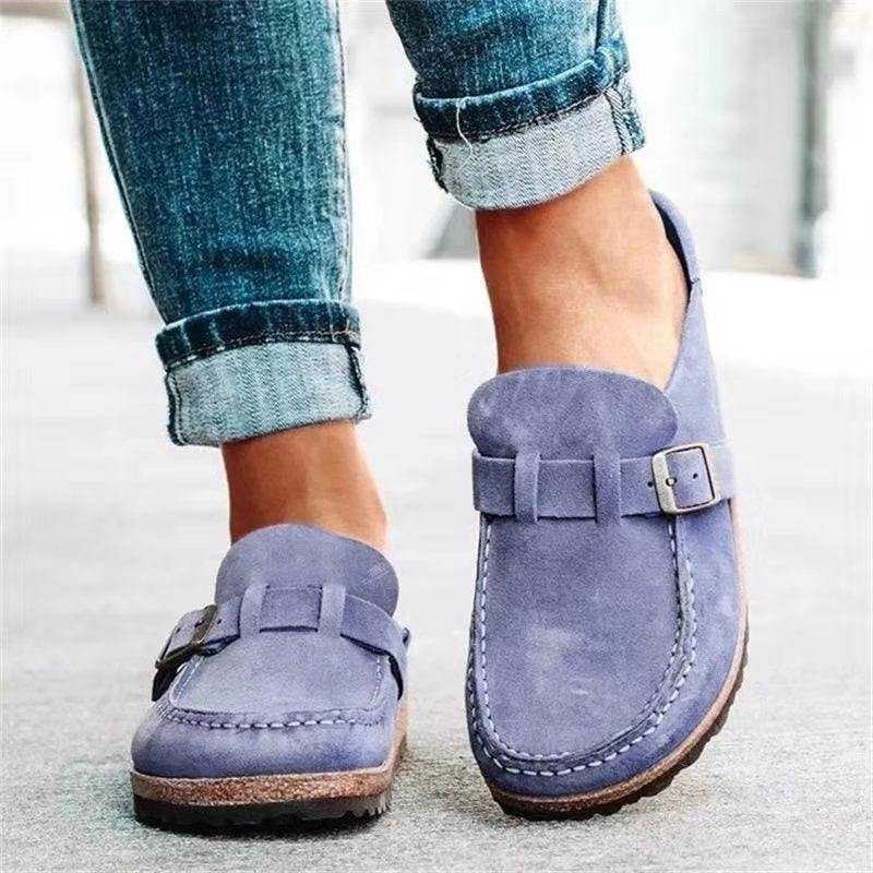 Suede Buckle Strap Cork Footbed Slip On Casual Flat Loafer