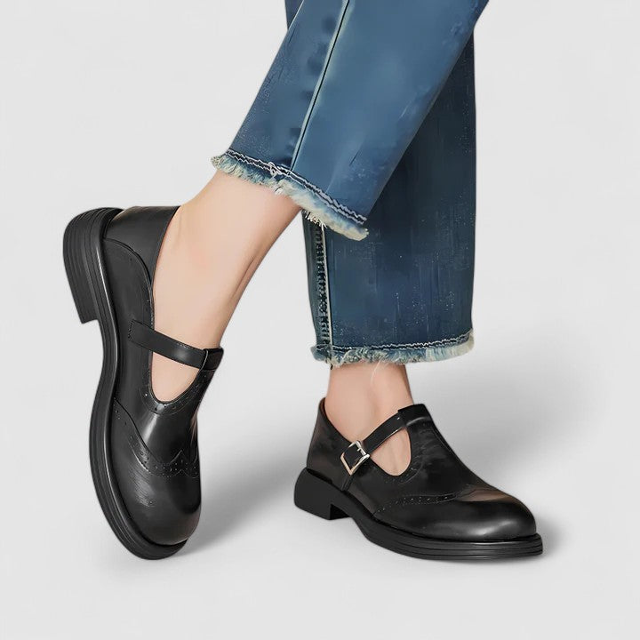 Brogue Detail T-Bar Buckle Vintage Leather Mary Jane Flat
