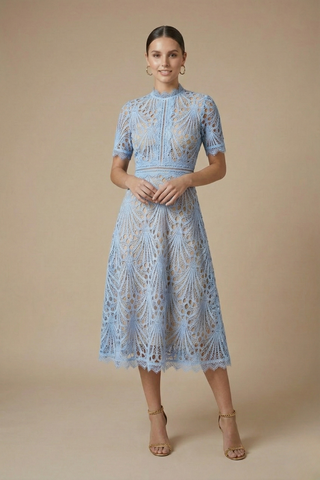 Cutwork Lace High Neck A Line Midi Dress - Wedding Guest