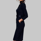 Gold Buckle Belt V-Neck Bodycon Midi Dress - Formal Office