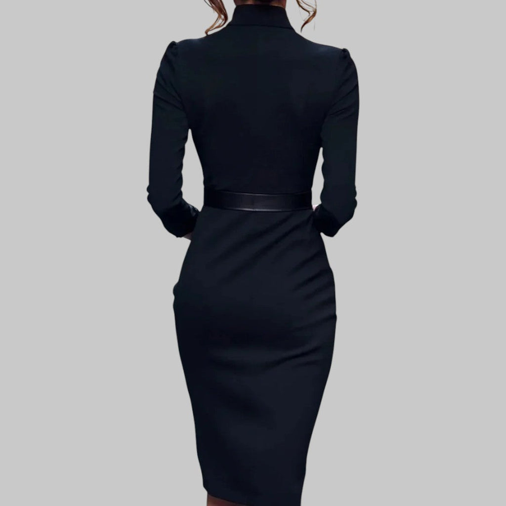 Gold Buckle Belt V-Neck Bodycon Midi Dress - Formal Office