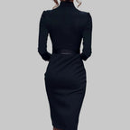 Gold Buckle Belt V-Neck Bodycon Midi Dress - Formal Office