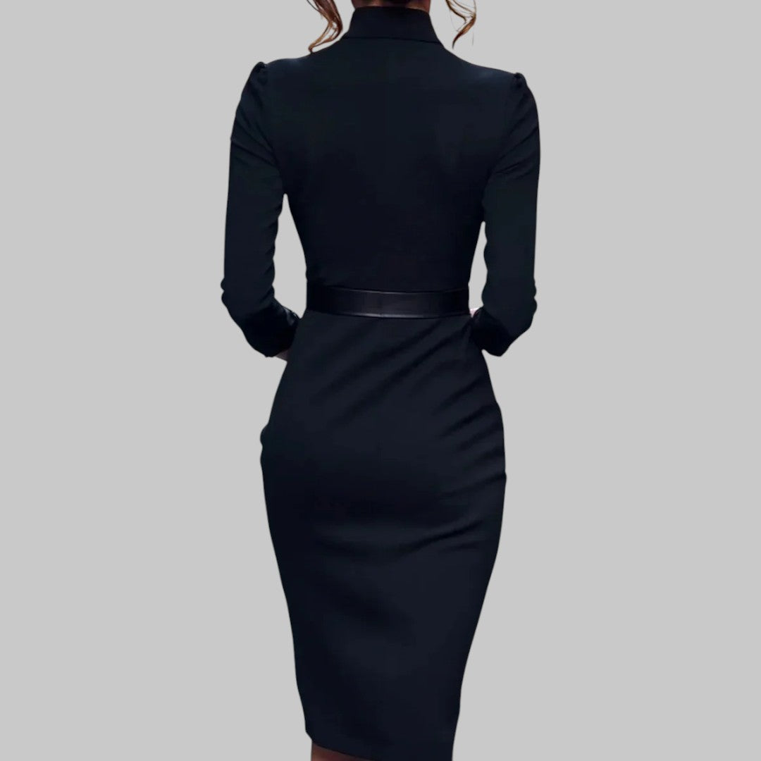 Gold Buckle Belt V-Neck Bodycon Midi Dress - Formal Office