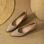 Leather Pointed Toe Slip On Mid Block Heel Court Shoe