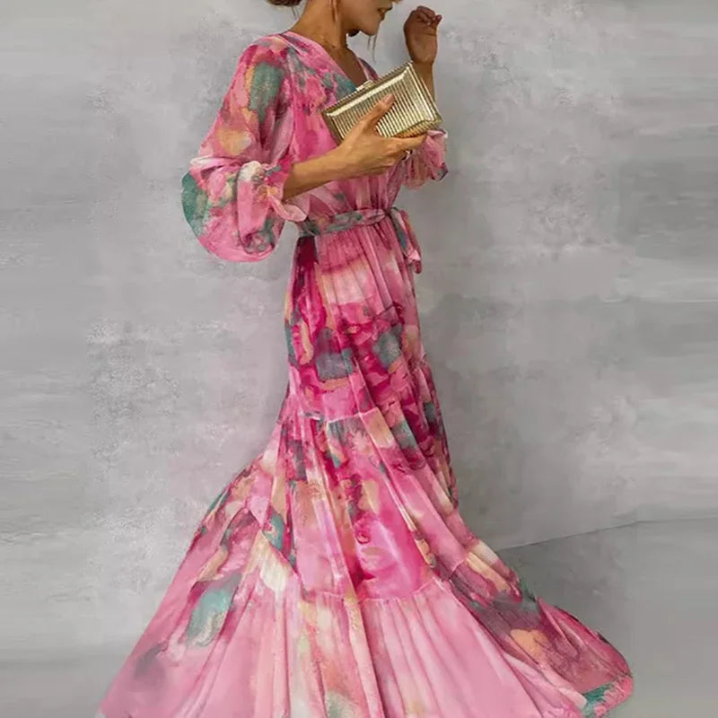 Abstract Floral Wrap V Neck Tie Waist Tiered Flowy Maxi Dress