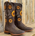 Sunflower Embroidered Scallop Collar Stacked Heel Western Boot