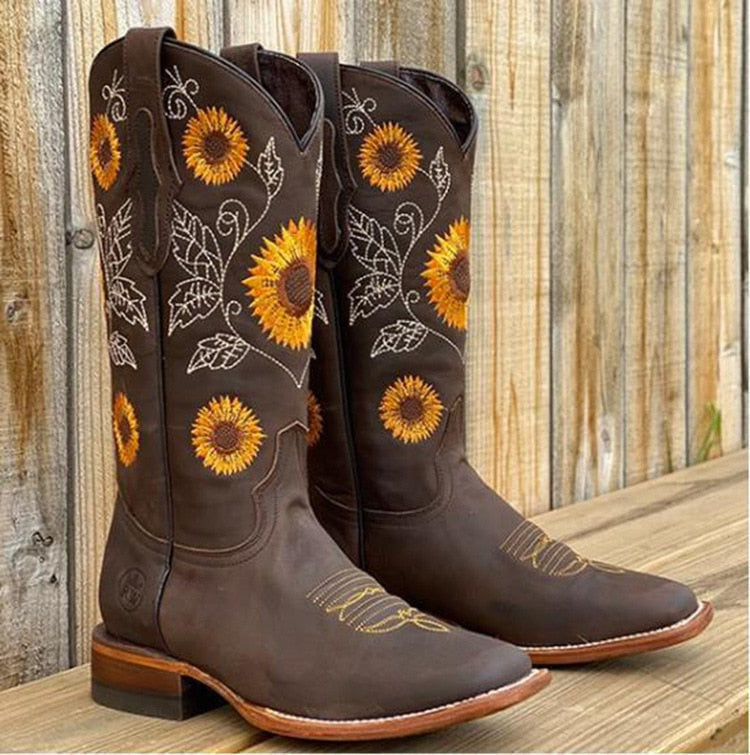 Sunflower Embroidered Scallop Collar Stacked Heel Western Boot