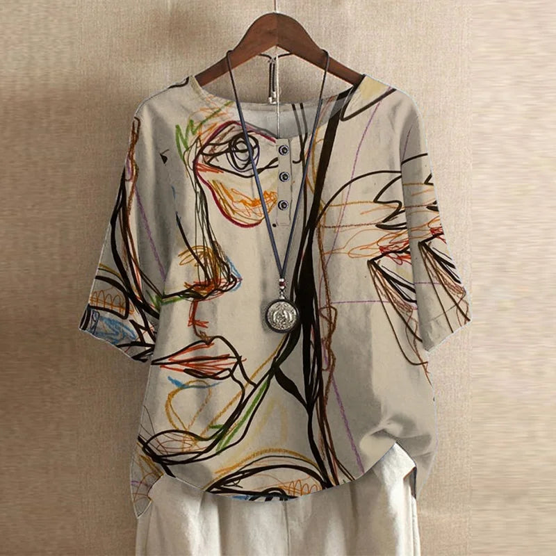 Vintage Floral Print Button Henley Relaxed Linen Blouse