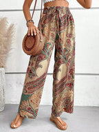 Paisley Print Smocked Waist Drawstring Wide Leg Boho Pant