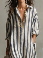 Striped Collared Oversized Casual Linen Maxi Dress