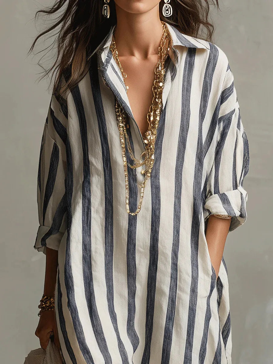 Striped Collared Oversized Casual Linen Maxi Dress