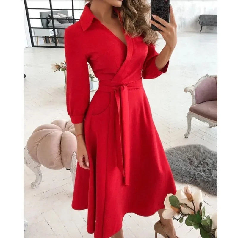 Collared V Neck Long Sleeve Tie Waist Pocket Flared Midi Dress