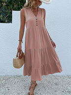 Sleeveless Button Front Tiered Casual Maxi Dresses